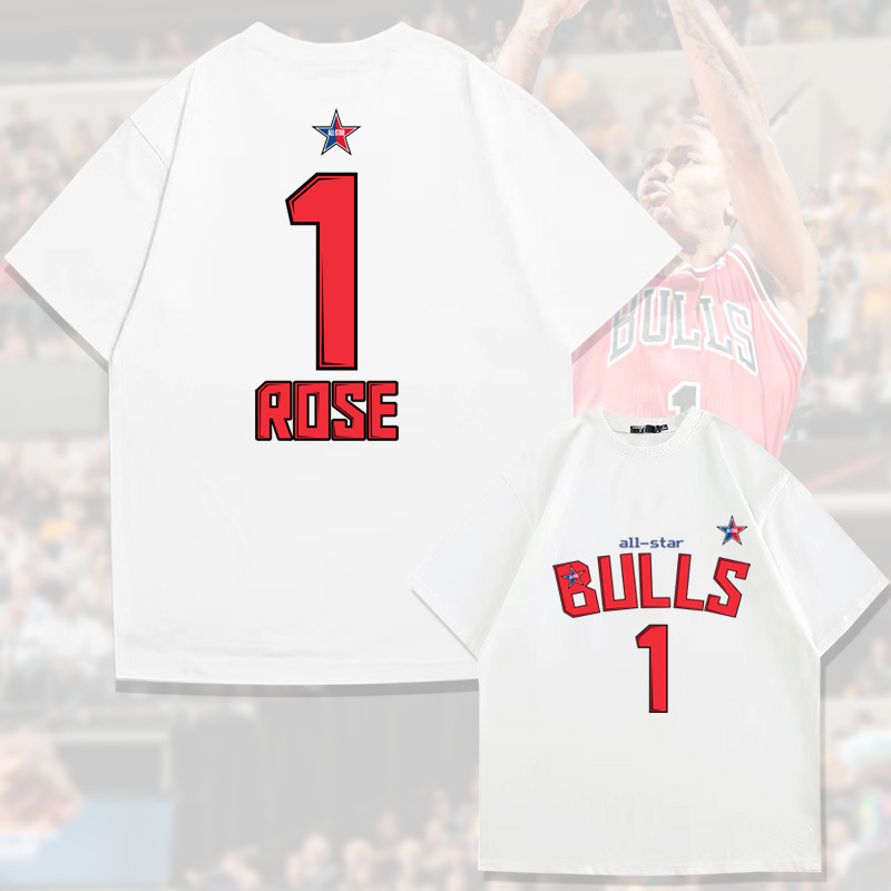 All-Star Basketball Rose Rose No. 1 Pure Cotton Short-Sleeved T-Shirt Men's Summer Trendy Brand Loose Off-Shoulder Half-Sleeved Tops