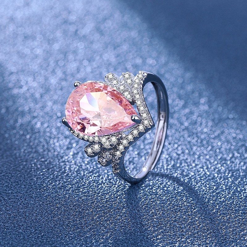 Fashion Women's Ring European and American Luxury Simulation Mosan Diamond Drop-shaped Powder Diamond Open Engagement Ring Cross-border Explosions