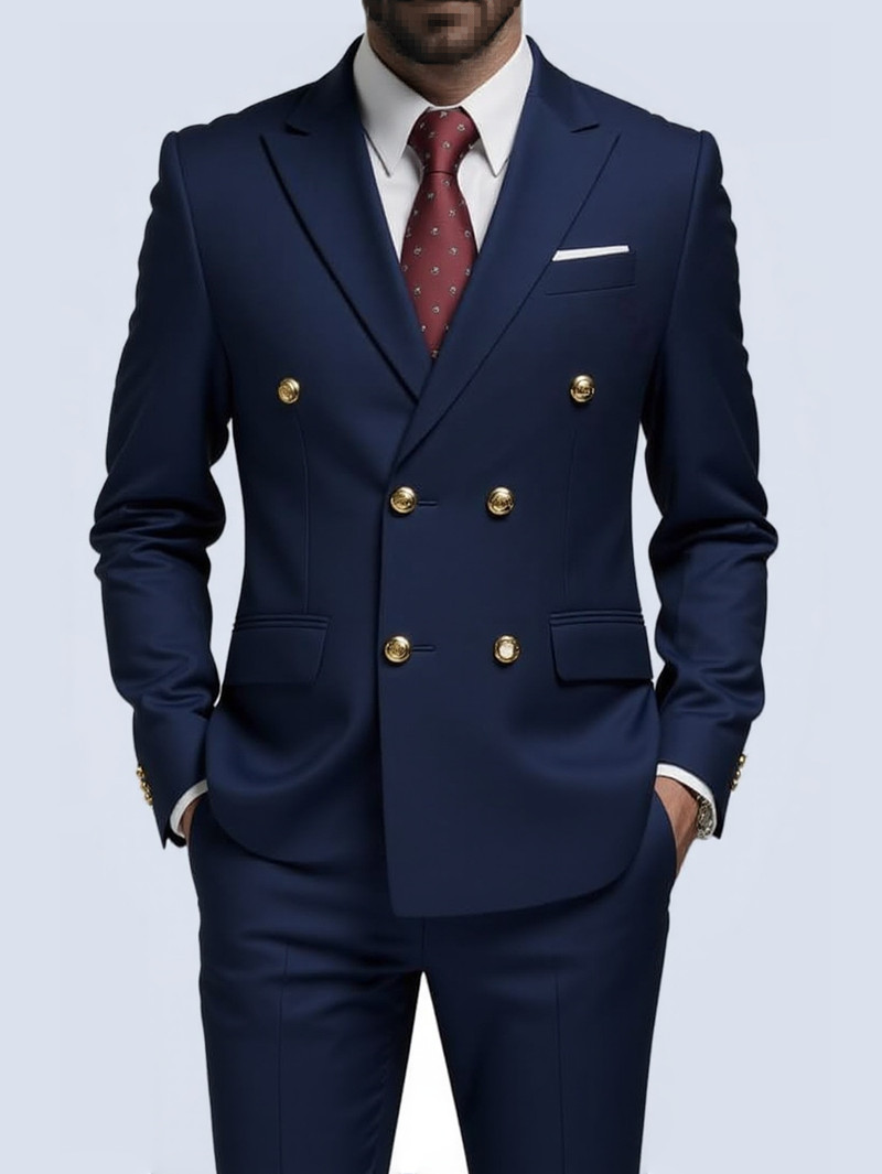 Men's Slim Fit Suit With Double Breasted Gold Buttons Set_voghion.com