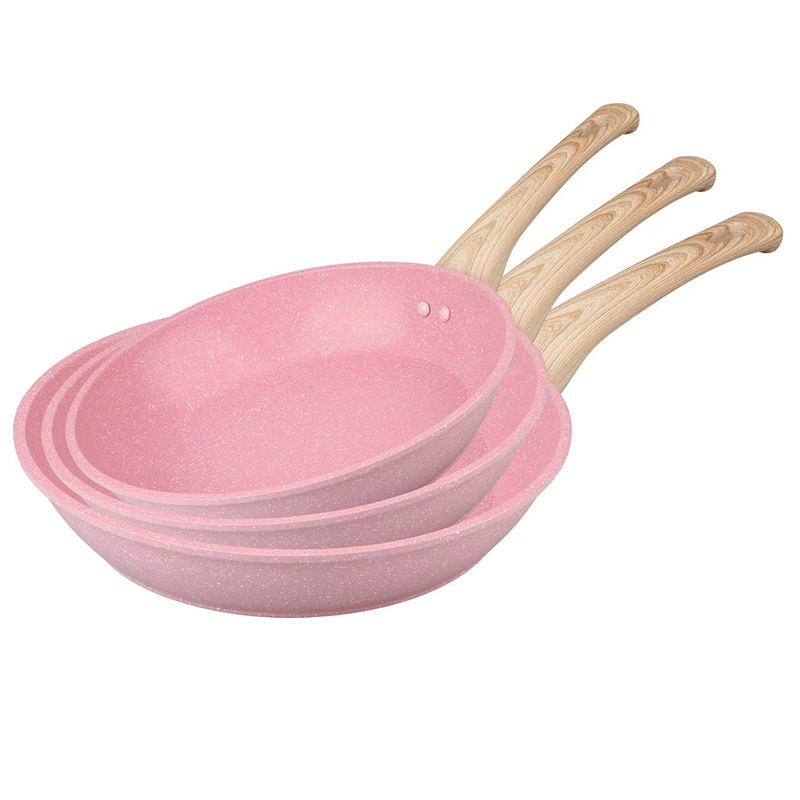 Cruce fronterizo estilo japonés fondo plano antiadherente sartén casera mango de madera arroz piedra sartén casera de huevos set de tres piezas