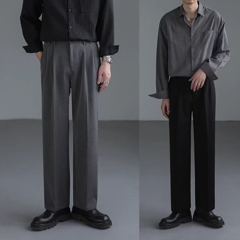 2026 Drapey suit pants, Korean style, loose wide-leg long pants, men's casual pants, trendy and stylish straight-leg solid color suit pants