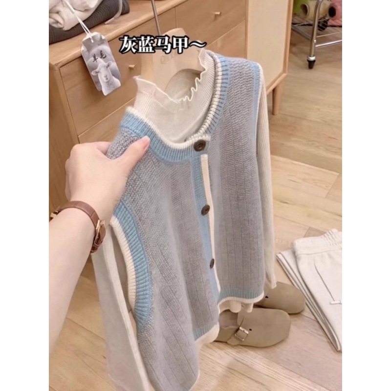 撞色针织马甲开衫女秋冬叠穿外搭坎肩背心上衣|undefined