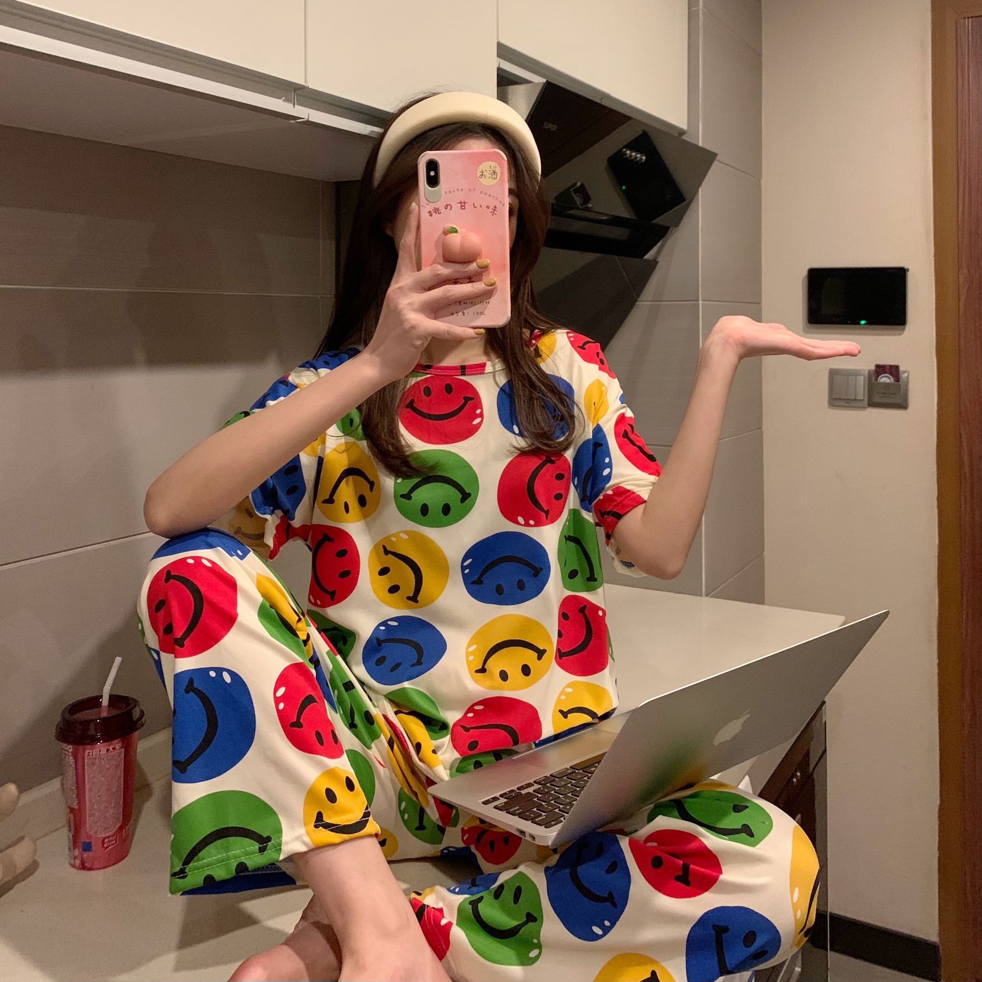 Pijamas pantalones de manga corta traje de dos piezas estudiante estilo coreano dibujos animados mujeres jóvenes delgadas primavera y otoño verano nueva ropa para el hogar