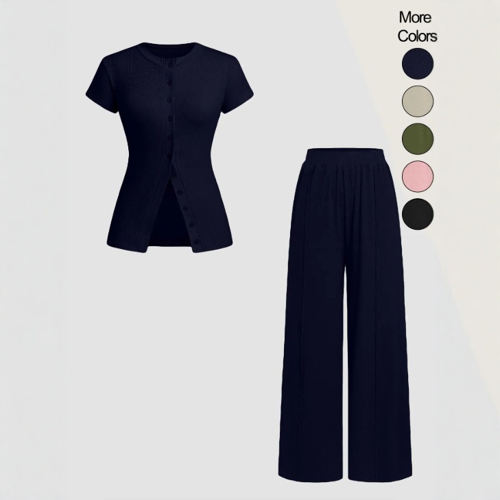 Completo da donna a maniche corte, tinta unita, a vita alta, stile transfrontaliero europeo e americano, modello 2025, nuovo set a due pezzi con maniche corte, tinta unita e vita alta._voghion.com