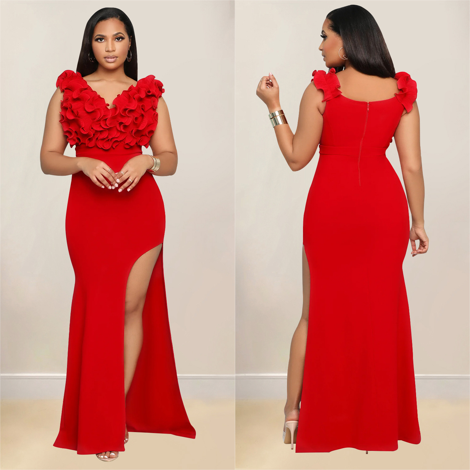 C7013 Aliexpress transfronterizo Amazon estación independiente de moda europea y americana ropa de mujer de cuello en V sin mangas vestido largo de bifurcación image 5