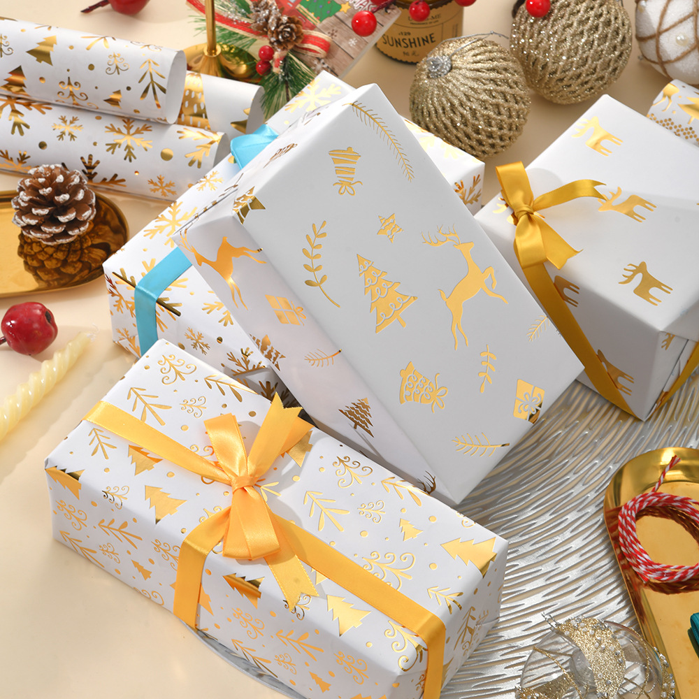 Navidad nuevo brillante papel de bronce estampado árbol de Navidad copo de nieve regalo de Navidad papel de embalaje de regalo al por mayor