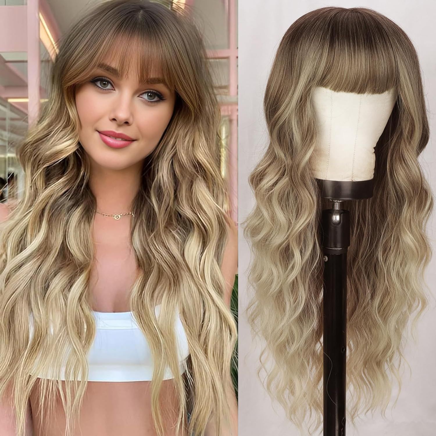 Synthetic Long Wavy Wig With Bangs Gradient Big Wave Hairpiece_voghion.com