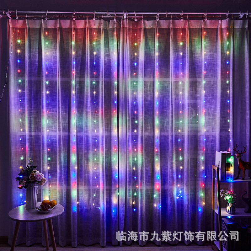 Lámpara de cortina de alambre de cuero LED, habitación de casa, diseño de ambiente de dormitorio, control remoto USB 8 funciones, 3*3 luces de cortina al por mayor