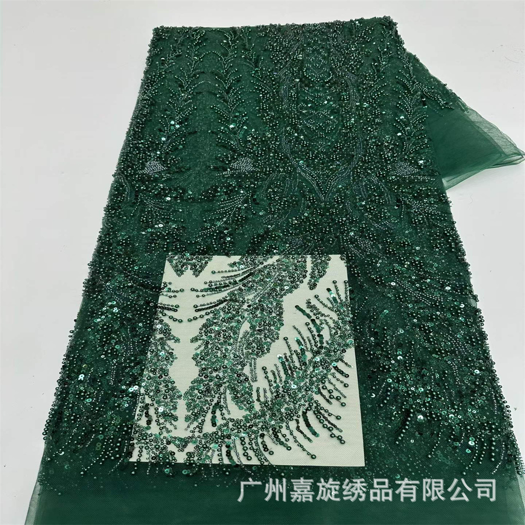 Tela de encaje francés rojo brillante con lentejuelas y bordados para vestidos de novia.