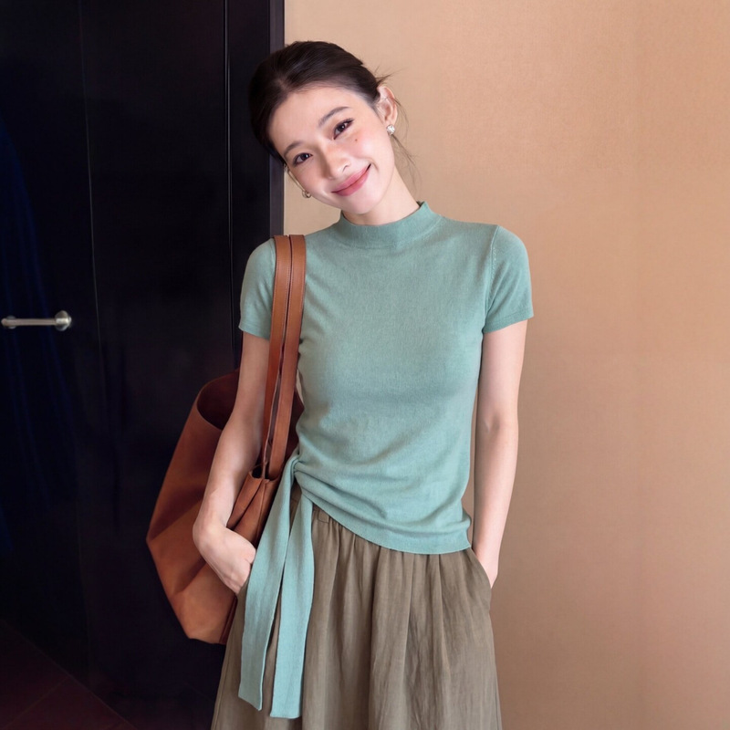 Korean-Style Mint Green Stand-Up Collar Tie-Neck Knit Short-Sleeve T-Shirt for Women, Summer High-End Unique and Beautiful Top