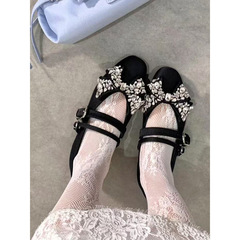 ルースと同じスタイルのラインストーンデニムリボンシューズ女性用 2025 新しいフレンチバレエフラットシューズメリージェーンシューズ