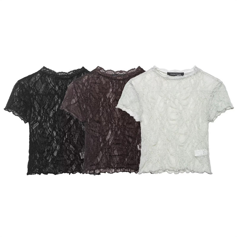 UNIZERA Women's 2026 Summer New Short Sleeve Round Neck Lace Semi-Transparent Short Shirt Top 6050307 UNIZERA Women's 2026 Summer New Short Sleeve Round Neck Lace Semi-Transparent Short Shirt Top 6050307