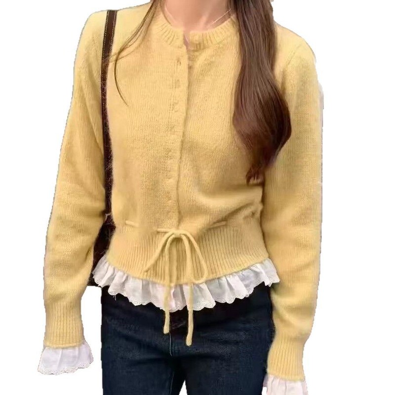 Fake Two-Piece Korean Sweet Age-Reducing Lace Waist Lace-Up Sweater for Women Autumn and Winter New Knitted Cardigan for Women