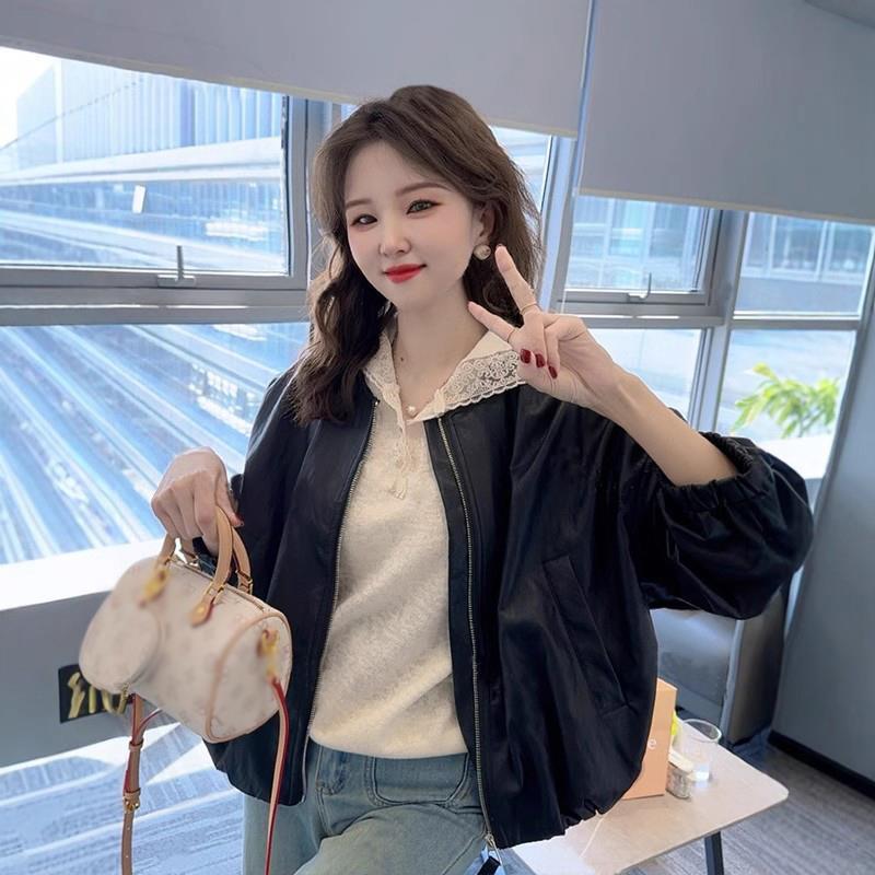 蛋白皮短款皮衣外套女2025春季新款洋气百搭时尚休闲圆领夹克上衣|undefined
