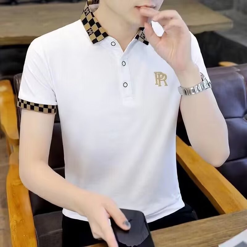 Camisa de polo de los hombres de manga corta Camiseta solapa de los hombres de verano superior 2023 verano negocio bordado de color cuello alto elástico slim fit