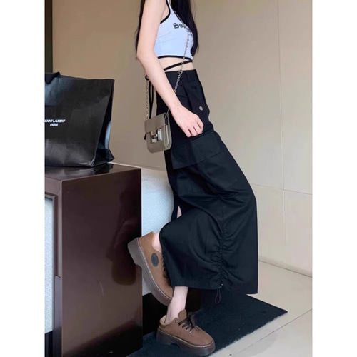 American retro workwork skirt for women's summer new high-waist slimming skirt drawstring split mid-long skirt