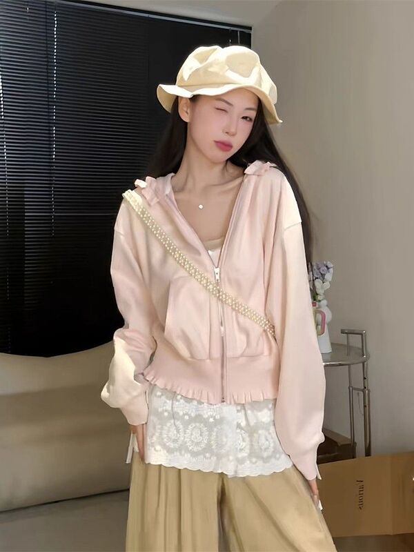 纯欲甜美风木耳边拉链开衫外套女秋季新款宽松显瘦连帽百搭上衣潮|undefined