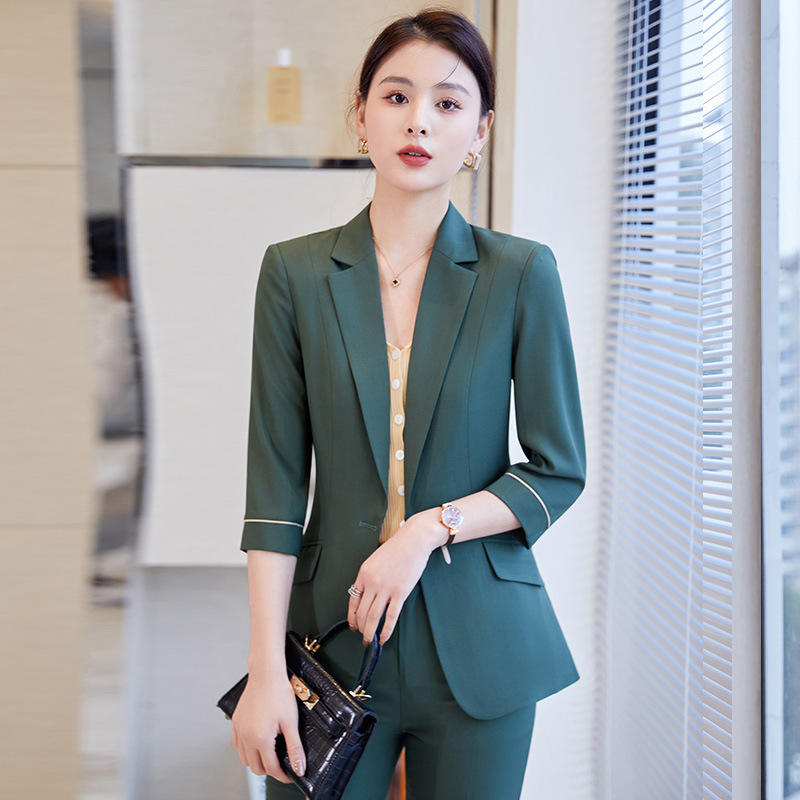 時尚氣質酒店客服職業西服套褲2022春夏季七分袖酒紅色西裝套裝女