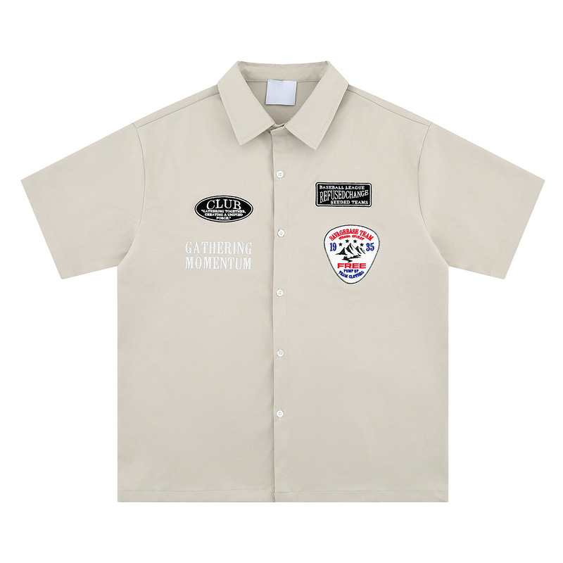 2025 Summer New Arrival Ami Khaji American Style College Style Tooling Shirt Motorcyclists Badge Sticker Embroidered Shirt