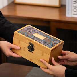 中式木质翻盖包装盒茶杯木盒云锦布竹盒木盒子带内衬储物盒锦盒