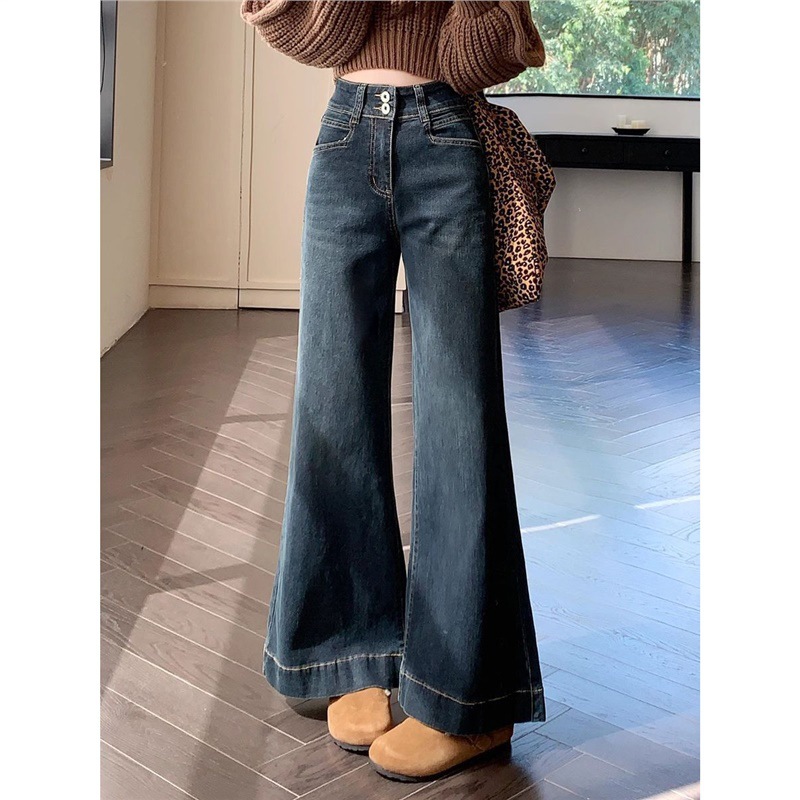 港式复古气质阔腿牛仔裤女小个子宽松显瘦小众百搭喇叭垂感拖地裤