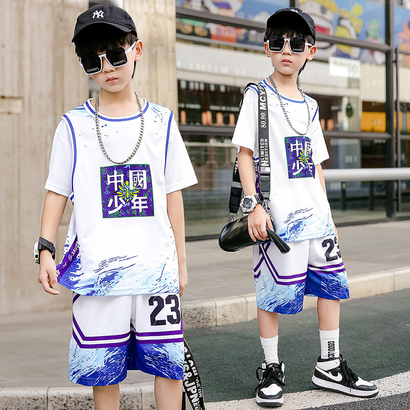 Girls Short-Sleeved Basketball Uniform Suit Girls Fake Two-Piece T-Shirt Game Training Uniform Kidsren's Jersey Basketball Men's Class Uniform