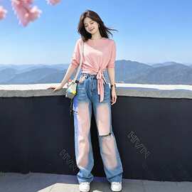 深圳南油两件套可爱风粉色破洞牛仔阔腿裤女夏季高颜值休闲直筒裤