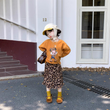 2025秋季新款女童卡通宽松长袖T恤豹纹半身裙两件套儿童秋装套装