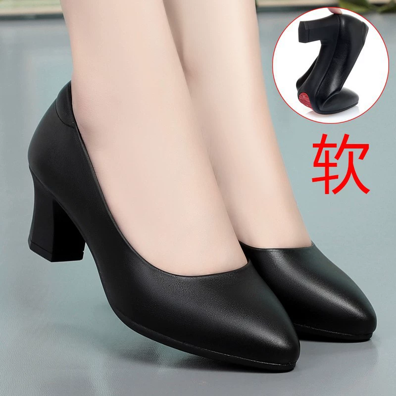 Рабочая обувь стюардессы на длинном каблуке Черная рабочая одежда для интервью Профессиональная обувь Кожаная обувь с мягкой подошвой Одиночная обувь на высоком каблуке на толстом каблуке Женская обувь на весну и осень