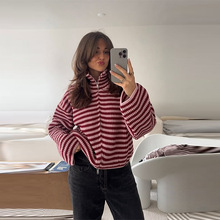 慵懒软糯条纹撞色拉链针织开衫上衣2025秋冬速卖通新品女装毛衣女