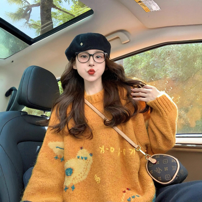 Orange Sweater for Women 2025 New Autumn and Winter Thick Retro Age-Reducing Loose Lazy High-End Korean Cashmere Sweater