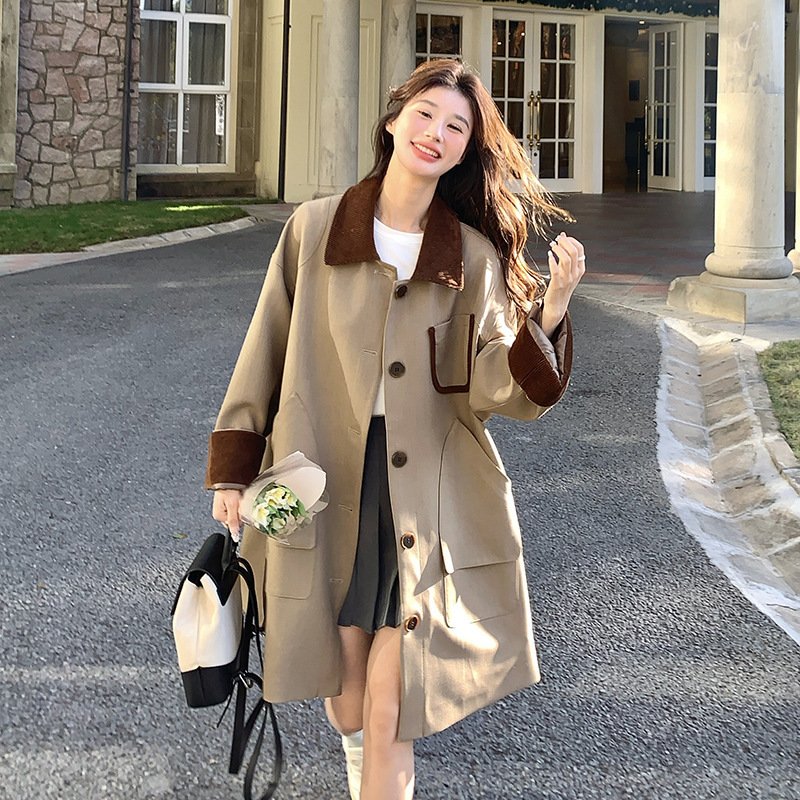 卡其色灯芯绒拼接风衣外套女2025秋季新款韩版宽松休闲中长款大衣|undefined