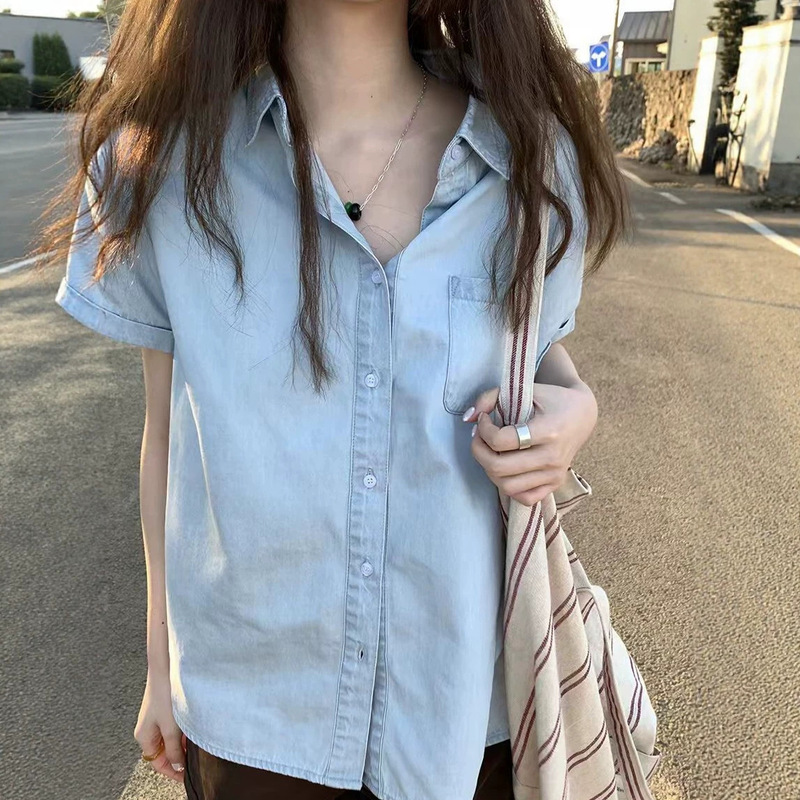 Pure Cotton Washed Blue Short-Sleeved Denim Shirt Summer Niche Retro Casual Thin Jacket for Women