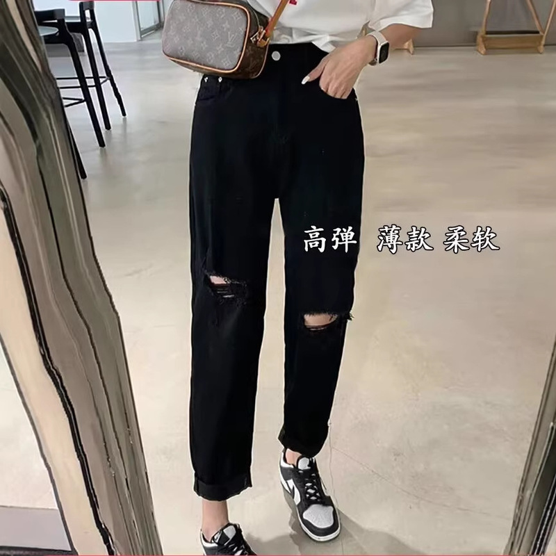 Black Ripped Knee Jeans for Women, Spring and Autumn Thin Style, Plus Size, American Style, High-Waisted, Slimming, Versatile, Straight-Leg Pants Black Ripped Knee Jeans for Women, Spring and Autumn Thin Style, Plus Size, American Style, High-Waisted, Slimming, Versatile, Straight-Leg Pants
