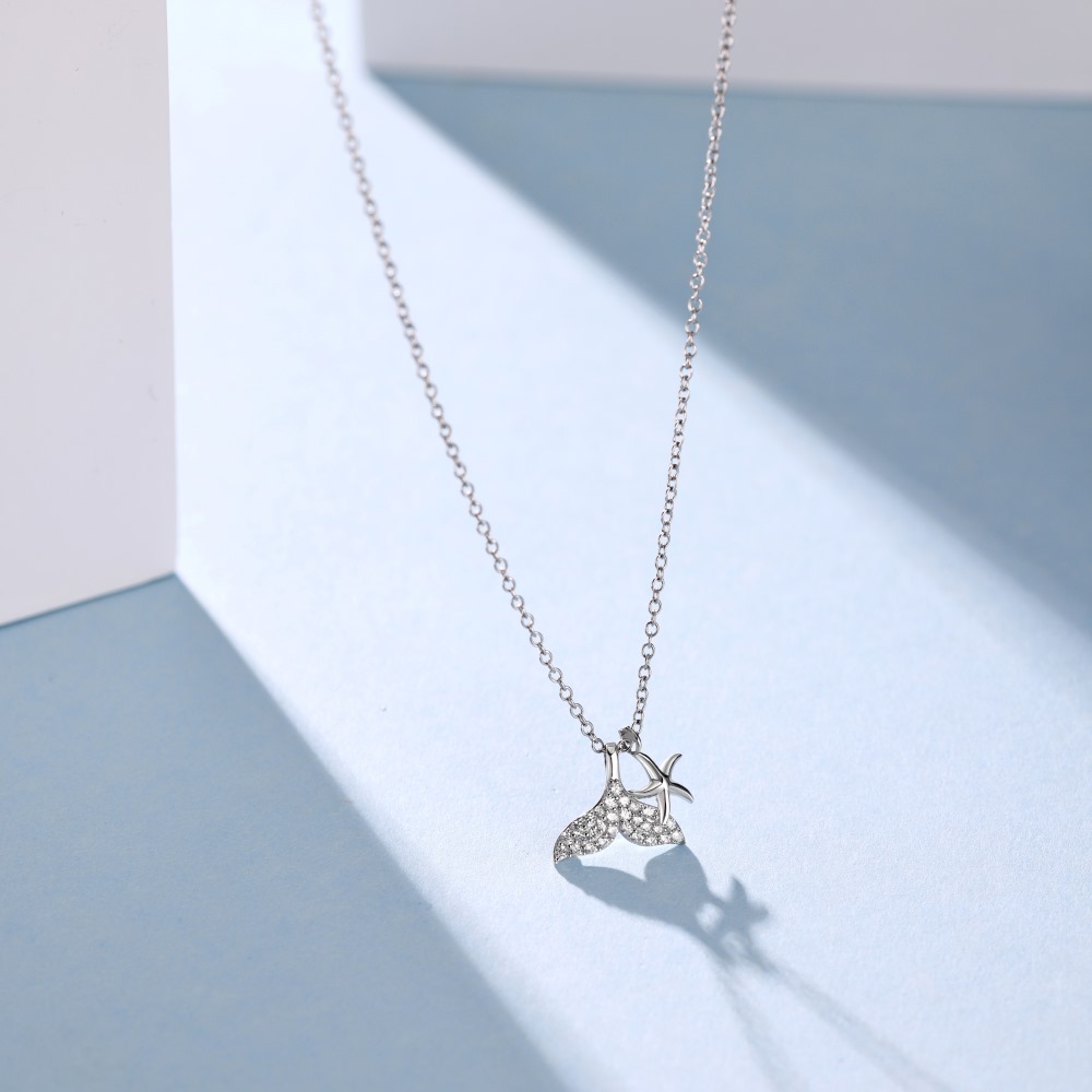925 Sterling Silver Material 925 Sterling Silver Zircon Plating Geometric Starfish Fish Tail Pendant Necklace