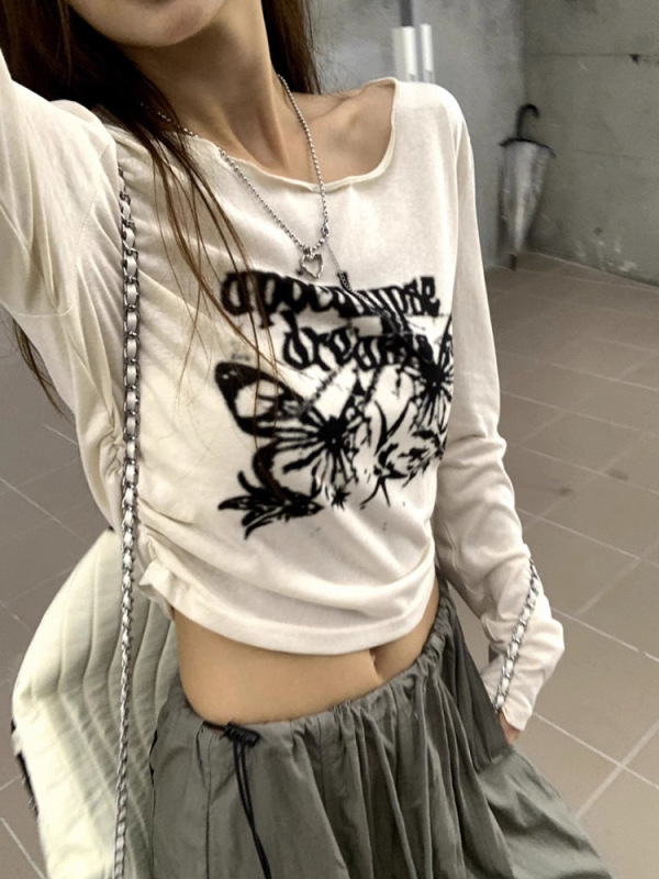 美式复古蝴蝶字母印花长袖T恤女秋冬辣妹潮牌设计感做旧短款上衣|undefined