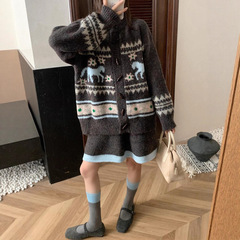 2025年秋季大码新款女时尚设计感小众减龄显瘦灰色针织半身裙套装