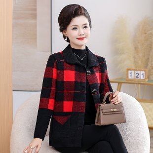 2025妈妈秋季薄风衣外套中老年女装春秋休闲格子翻领洋气宽松上衣|undefined