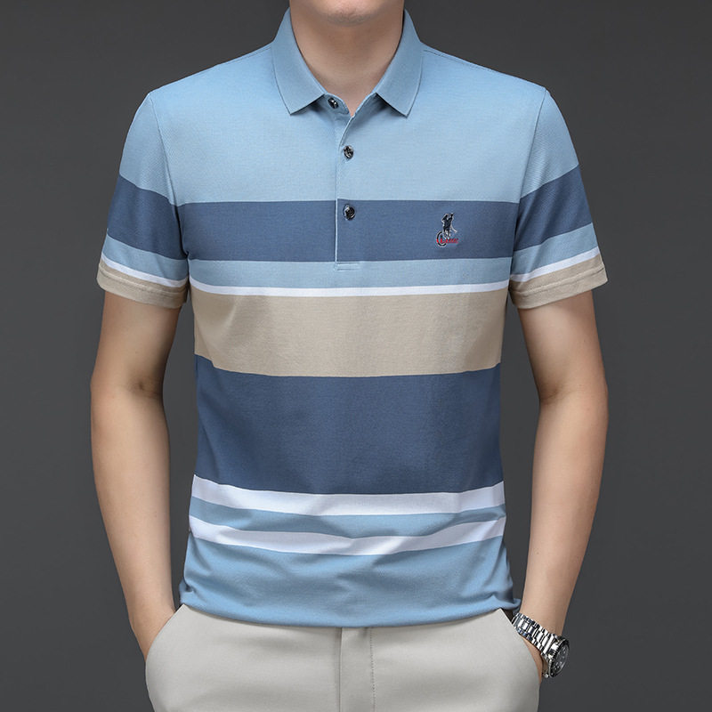 Exclusivo transfronterizo para verano nuevo estilo de algodón bordado de manga corta camiseta de hombre a rayas casual solapa de gran tamaño camisa POLO para hombre