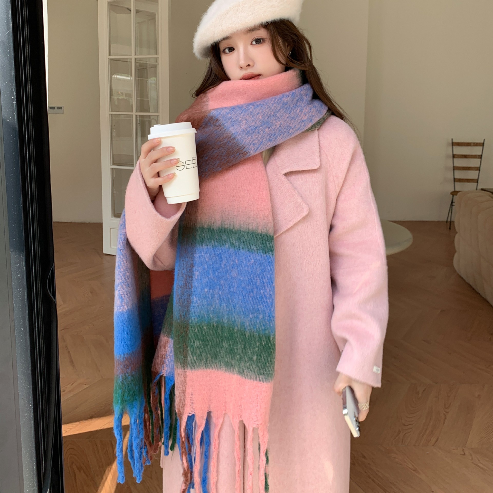 Estilo coreano invierno color a juego estilo perezoso arco iris mohair engrosada bufanda caliente larga grande borla estudiante pareja estilo