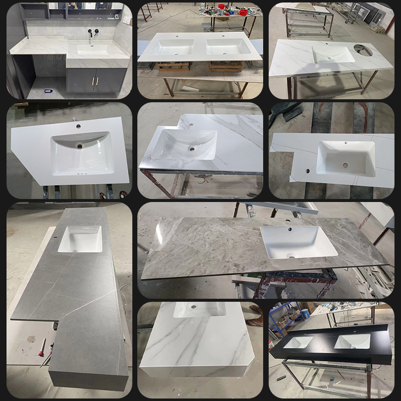 gabinete de baño de ingeniería de hotel de tabla de roca personalizado doble capa sin costura integral lavabo lavabo lavabo gabinete de baño inteligente combinación