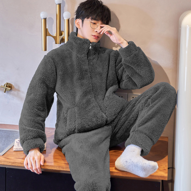 푹신한 남성용 겨울 파자마, 야외에서도 착용 가능한 푹신한 산호벨벳 따뜻한 가디건 지퍼 플란넬 홈웨어 세트