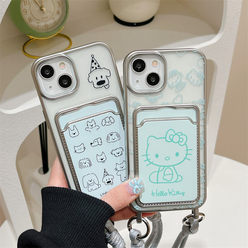 薄荷绿KT猫卡包适用苹果15promax手机壳17 13卡通14Pro挂绳12/15