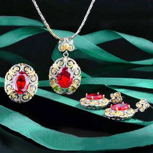 Italian woven carving gold craftsmanship color treasure set double -color gold pomegranate red necklace lotus earrings open ring ring