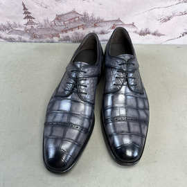 档手工男鞋头层牛皮压花鳄鱼纹擦色系带商务皮鞋缝制半皮底德比鞋