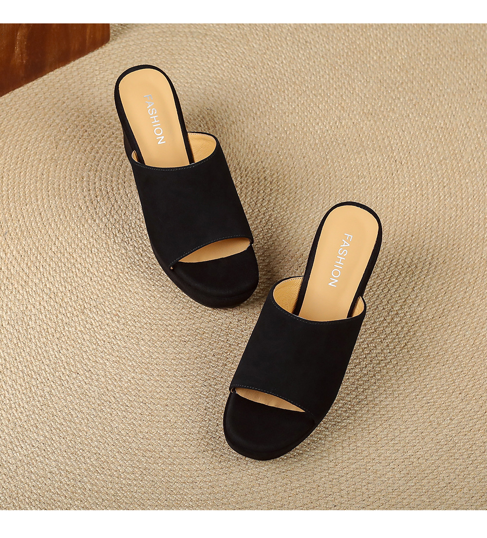 Sandal cao gót nữ đế xuồng 9cm quai ngang hở mũi chất liệu da lộn — màu đen, màu mơ chi tiết 17