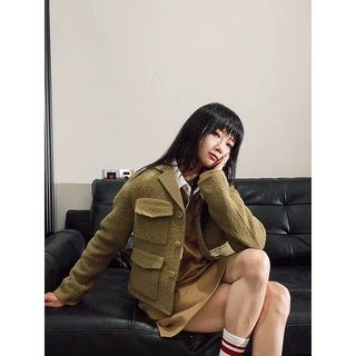 设计师女装 进口羊毛颗粒绒双面尼四口袋工装感小外套
