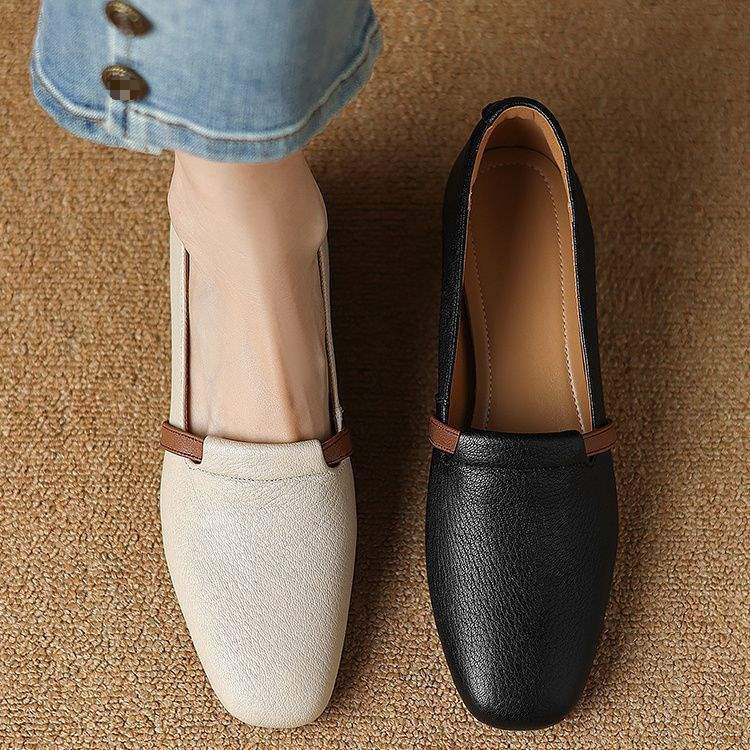 2025 New Summer Retro Women's Shoes with Chunky Heels, Shallow Mouth, Soft Leather, Soft Sole, Square Toe, High-Heeled Leather Shoes