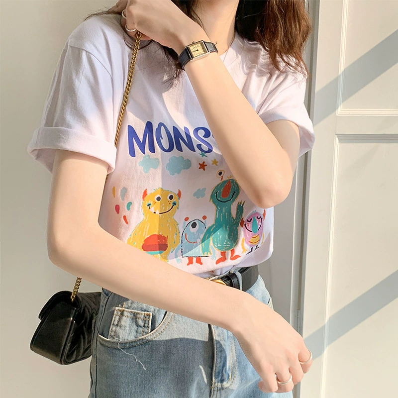 Женский топ с коротким рукавом, круглым вырезом, свободного кроя, из чистого хлопка, с принтом в стиле японского и корейского мультфильма, 2025 года выпуска.
