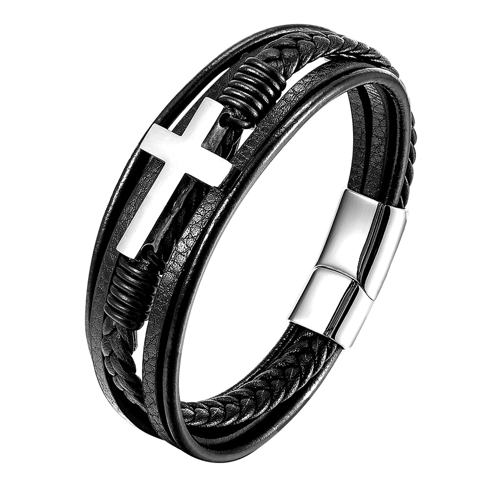 30g Weight Bracelets Classification Leather Chain Material 1 Piece Quantity Daily Occasion Leather, Titanium Steel Material Cross Pattern Men's Gender Layered, Polishing Design Retro, Ethnic Style Style Retro Ethnic Style Cross Leather Titanium Steel Layered Polishing Men's Bracelets Men Cord & Leather Bracelets 2